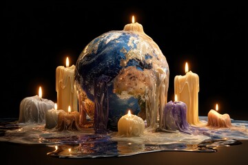 Global Warming Concept - Earth Globe Melting with Candles.