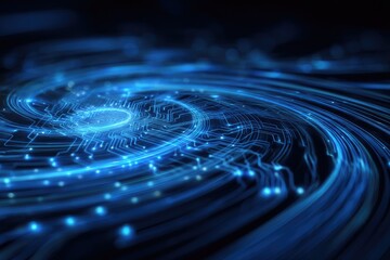 Abstract digital artwork with glowing blue lines swirling into a central circuit-board design