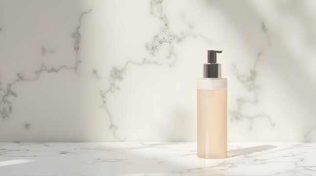 A cosmetic pump bottle mockup on a marble background with copy space. Blank packaging for a cleanser, toner, or skincare product.