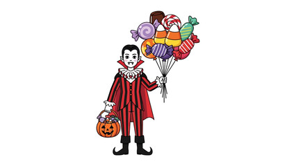 Halloween Treats: A charming cartoon vampire, a visual treat, joyfully holds a colorful bouquet of sweets and a pumpkin basket, perfect for your Halloween collection.