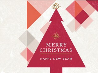 Red and Pink Geometric Shape Christmas Card with "Merry Christmas and Happy New Year"