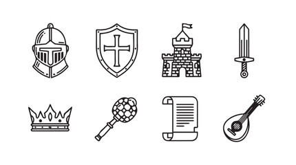 Medieval knights castle crown sword shield scroll lute mace icons set simple line art style vector