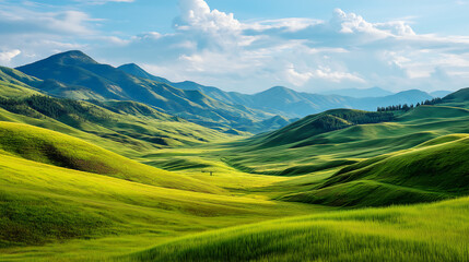 Obraz premium Green hills and grass field with sunlight.