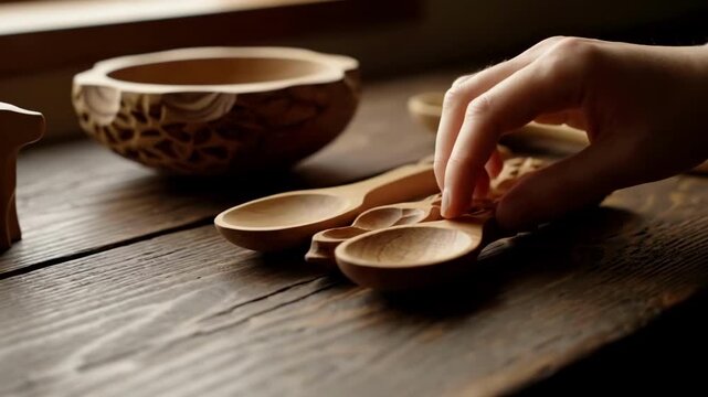 Crafting harmony: hand selecting wooden spoons from rustic table in natural light