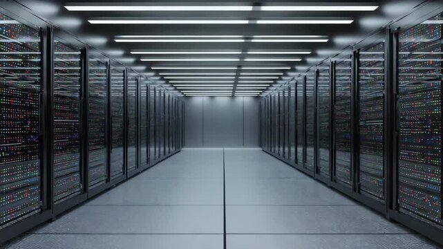 Dynamic servers humming in sleek data center environment, conveying security, technology, and digital infrastructure for business solutions