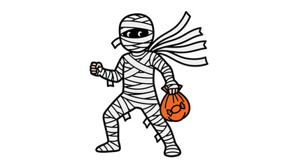 Halloween Mummy with Treat Bag: A lively illustration of a playful mummy, wrapped in bandages, clutches a pumpkin treat bag, ready for Halloween festivities. A whimsical and spooky design.