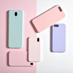 Phone cases, pastel colors, arranged on a split backdrop