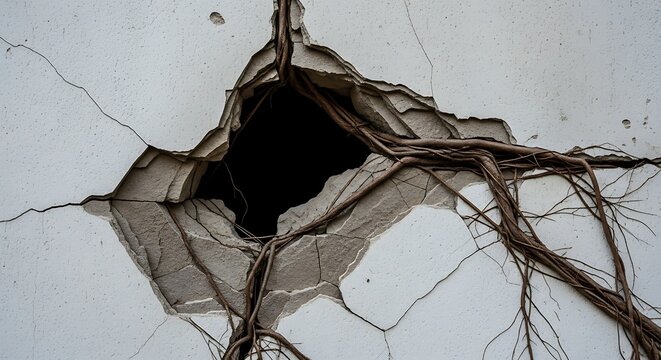 Damaged Wall with a Hole and Intruding Tree Roots.