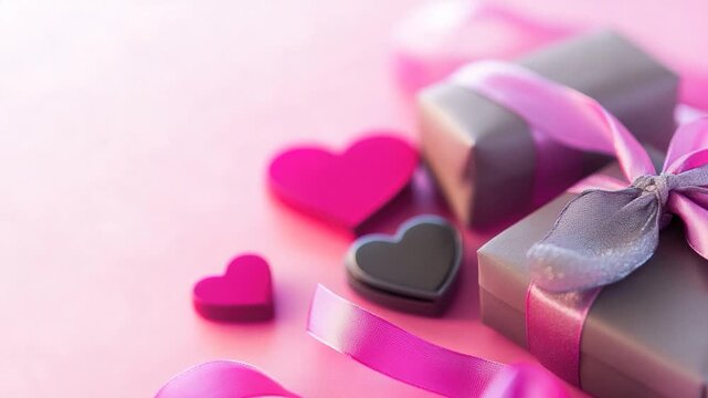 A beautifully wrapped gift box with a pink ribbon and two small hearts, perfect for romantic occasions or as a token of love