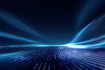 Abstract digital landscape with luminous blue wavy lines and glowing particle effects