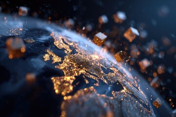 Digital conceptualization showing a globe with bright city lights and floating golden cubes