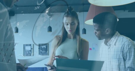 Colleagues passing report while typing on laptop with animated overlays guiding business analysis - Powered by Adobe