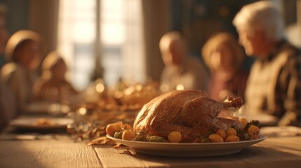 A beautifully roasted turkey sits in the foreground, with a blur of family gathered around the table in warm, inviting light.