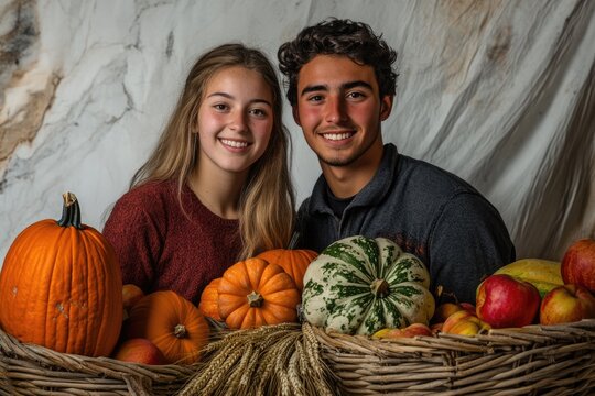 A cheerful young couple smiles, surrounded by a bountiful autumn harvest. Large pumpkins, colorful apples, and wheat fill wicker baskets, celebrating fall's abundance joyfully.