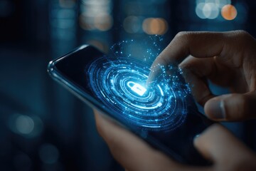 Person's finger touching phone screen displaying glowing lock security graphic. Blurry background