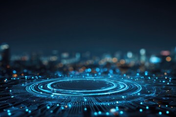 Illuminated concentric circles forming a digital platform against a blurred cityscape backdrop