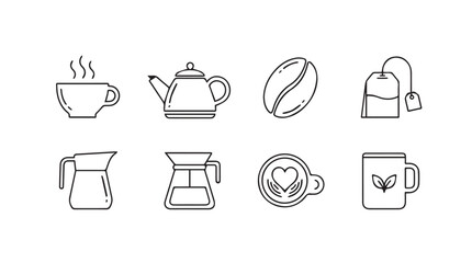 Collection of hand drawn coffee and tea icons featuring mugs teapots and brewing equipment vector