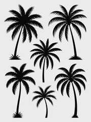 Silhouetted palm trees isolated on white background, evoking a tropical and serene atmosphere with their iconic shapes against a clean backdrop