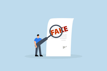 Fake document, clever entrepreneur examiner employing magnifying lens to check counterfeit document