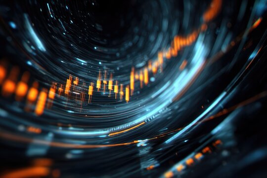 A dynamic abstract visualization of data flow with an undulating orange financial chart