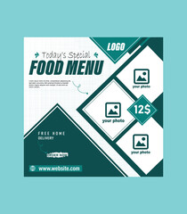 Food menu and restaurant social media marketing web banner template. Healthy fast food business website background. Pizza or burger online sale promotion flyer with logo and icon. Food video thumbnail