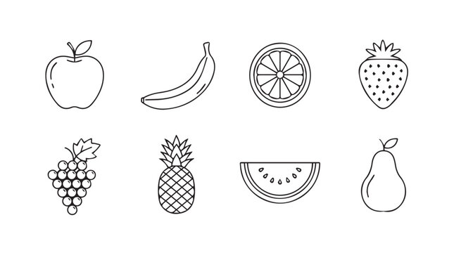 Artistic sketch collection of fresh fruits apple banana orange strawberry pineapple watermelon pear grapes vector