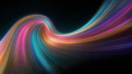 A vibrant, abstract swirl of colorful light trails against a stark black background, flowing in a wave