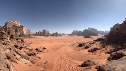Fototapeta premium Panoramic View of Wadi Rum Desert Showcasing Vast Landscape Under Clear Blue Sky