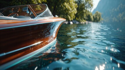 Obraz premium A sleek wooden boat glides across tranquil waters surrounded by lush greenery.