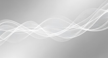 Delicate, ethereal white wavy lines forming a flowing pattern on a soft grey gradient background, abstract light art