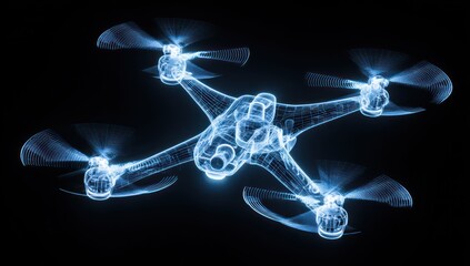 Glowing Drone Silhouette Against Black Background - Futuristic Technology Concept.