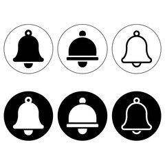 Set of six minimalist bell icons in black and white circular frames for notifications