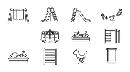 Collection of childrens playground equipment simple outline icons set isolated vector