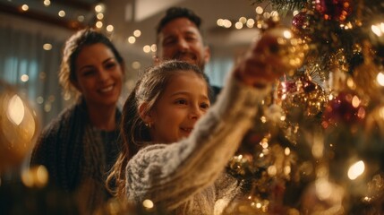 Obraz premium A joyful family decorating a Christmas tree together, creating cherished memories in a warm, festive atmosphere.