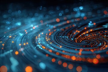 Abstract depiction of swirling lines and glowing orbs in blue and orange hues