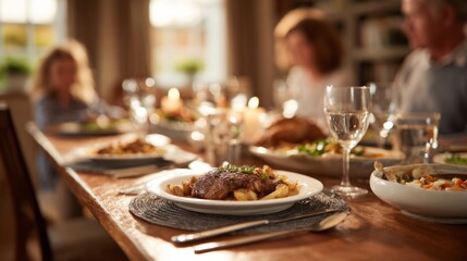 Naklejka premium A cozy family dinner scene featuring a delicious roasted chicken dish and well-set dining table.