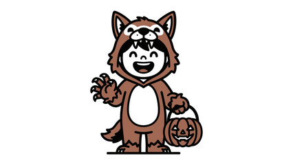 Halloween Fun: A cute kid in a wolf costume smiles holding a jack-o-lantern, a cheerful embodiment of the festive Halloween spirit.