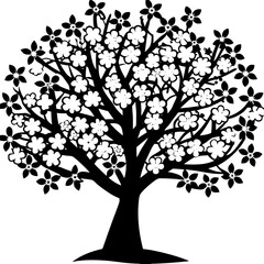 Delicate silhouette cherry blossoms bloom on a tree in springtime depicted in a clean flat graphic style