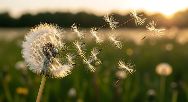 Dandelion seeds blowing in the wind at sunset, symbolizing freedom and new beginnings.