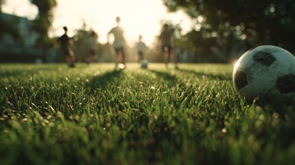 A group of young players engaged in soccer practice on a sunlit field, with a blurred ball in the foreground.