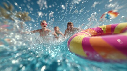 Group of children playing in a pool with colorful inflatable ring, splashing water and enjoying a sunny day.
