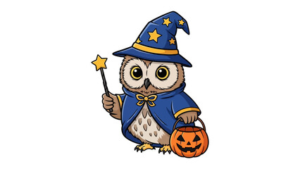 Magical Owl: A charming, cartoonish owl dons a wizard's attire and a Halloween pumpkin. This whimsical illustration is perfect for enchanting greetings and festive projects.