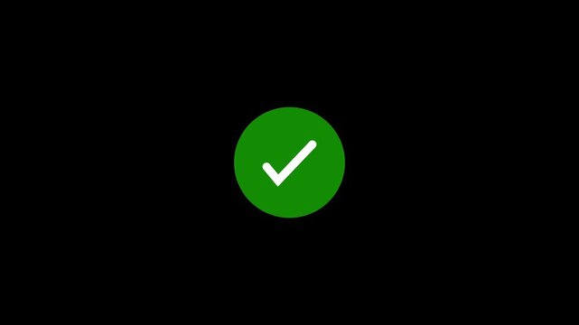 Animated reveal of a white checkmark icon in a green circle. Isolated on a black background. Green check mark, tick, yes, or OK symbol on green circle