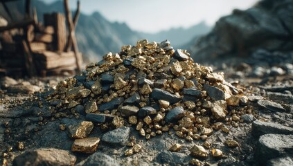 Pile Of Gold Nuggets On Ground With Various Stones And Rocky Environment