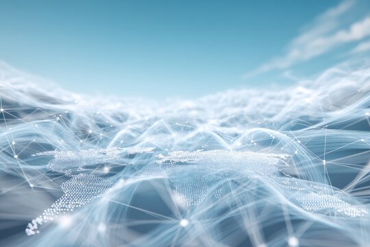 An artistic digital rendition of a world map with flowing lines under a bright blue sky