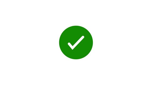 Animated reveal of a white checkmark icon in a green circle. Isolated on a white background. Green check mark, tick, yes, or OK symbol on green circle