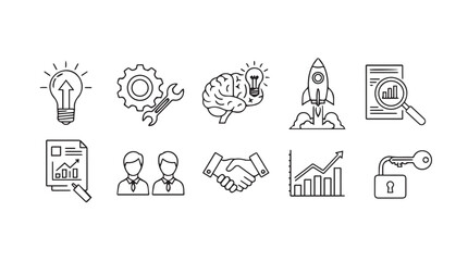 Set of business icons with startup ideas innovation strategy and growth concepts represented in hand drawn style vector