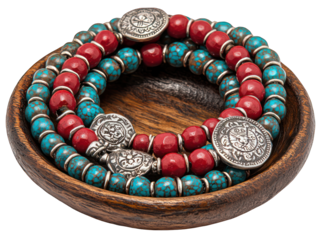 Colorful beaded bracelets with silver pendants in a wooden bowl, close-up