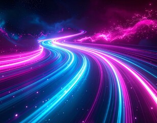 Abstract neon particle storm, glowing trails in pink and cyan swirling dynamically,