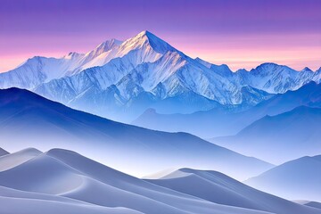 Snowy mountain peak rises above misty dunes, dawn's soft hues